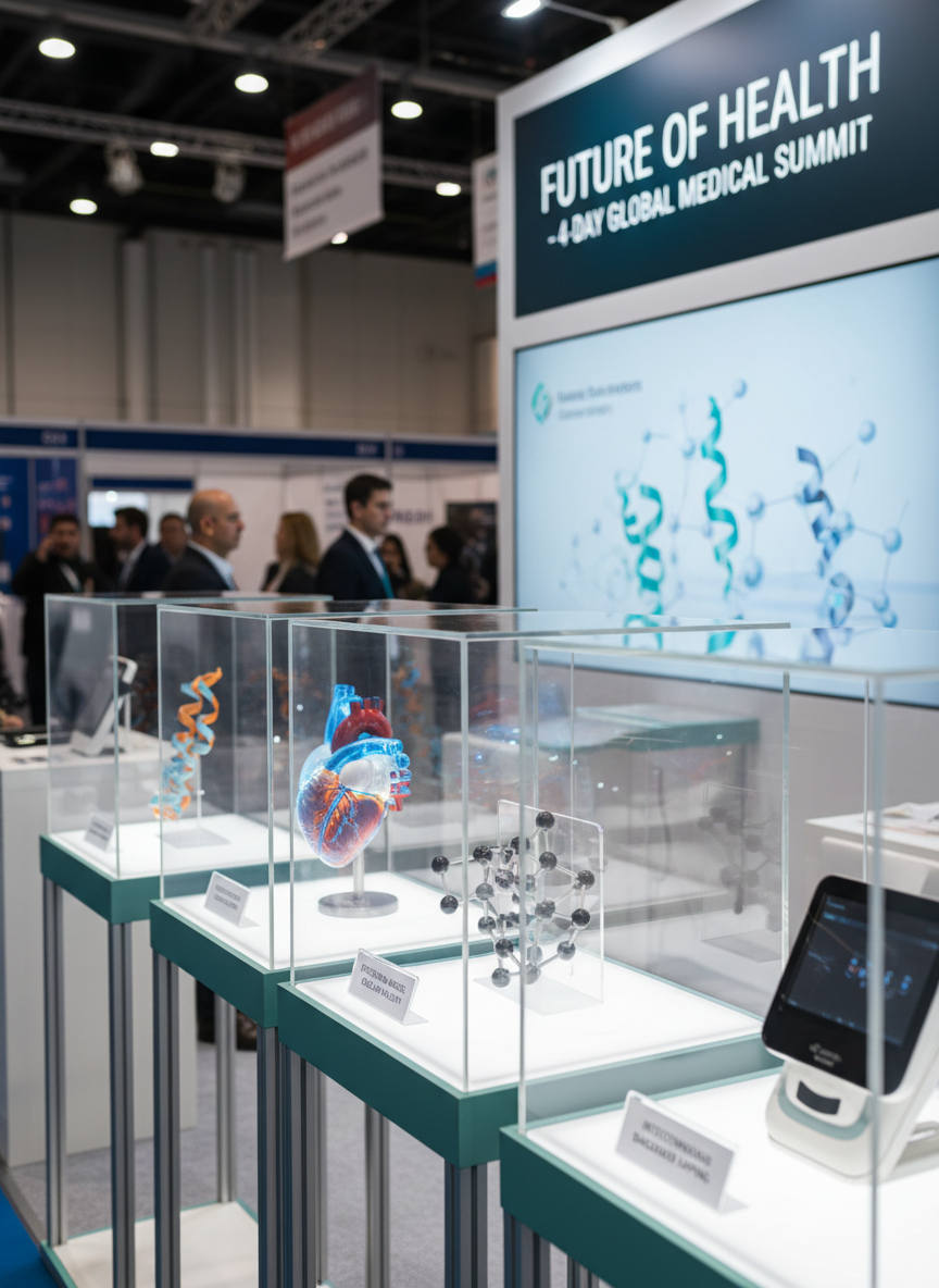 A detailed close-up of a modern medical research exhibit booth, showcasing transparent glass display cases containing 3D-printed anatomical models, molecular structures, and sleek diagnostic devices, all labeled with small, minimalist placards about functional and interdisciplinary medicine. The booth structure is composed of white aluminum frames with accents of teal and charcoal gray, set against a blurred background hinting at a larger conference expo space. Bright but diffused exhibition lighting creates crisp highlights on glass and metal surfaces, with a shallow depth of field emphasizing the central display. Shot at a slight three-quarter angle in photographic realism, the scene feels innovative, precise, and academically rigorous, suited to a 4-day international medical conference.
