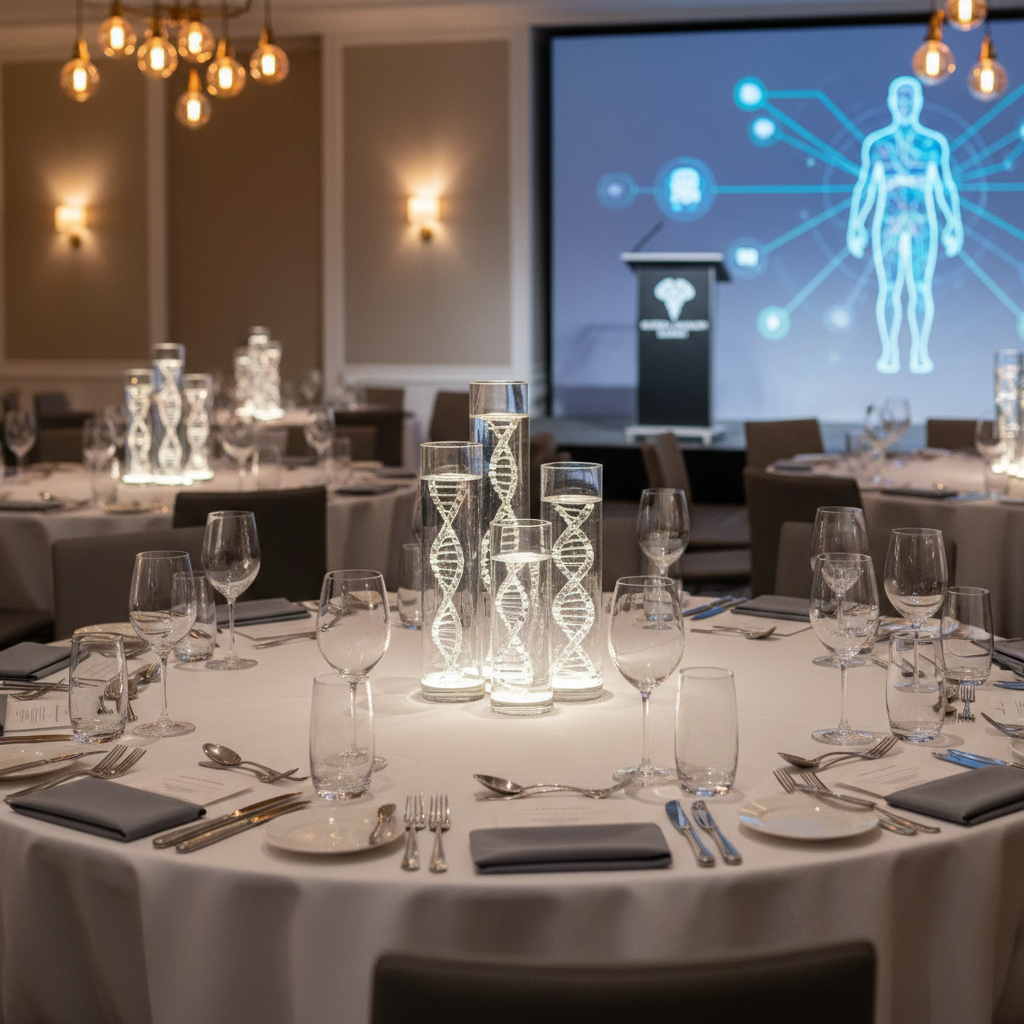 A refined gala dinner setup connected to a medical conference, featuring round tables draped in crisp white linens, neatly folded slate-gray napkins, and understated centerpieces of clear glass cylinders filled with water and illuminated from below, encasing delicate models of DNA helices and cellular structures. Fine glassware and polished silver cutlery catch the warm glow of overhead pendant lights and subtle wall sconces. In the background, a small stage area holds a lectern with the conference emblem and a softly lit abstract graphic of interconnected human systems. Photographed at eye level with a shallow depth of field, in clean photographic realism, the mood is celebratory yet scholarly, perfectly blending formal dining with scientific sophistication, and no people in view.