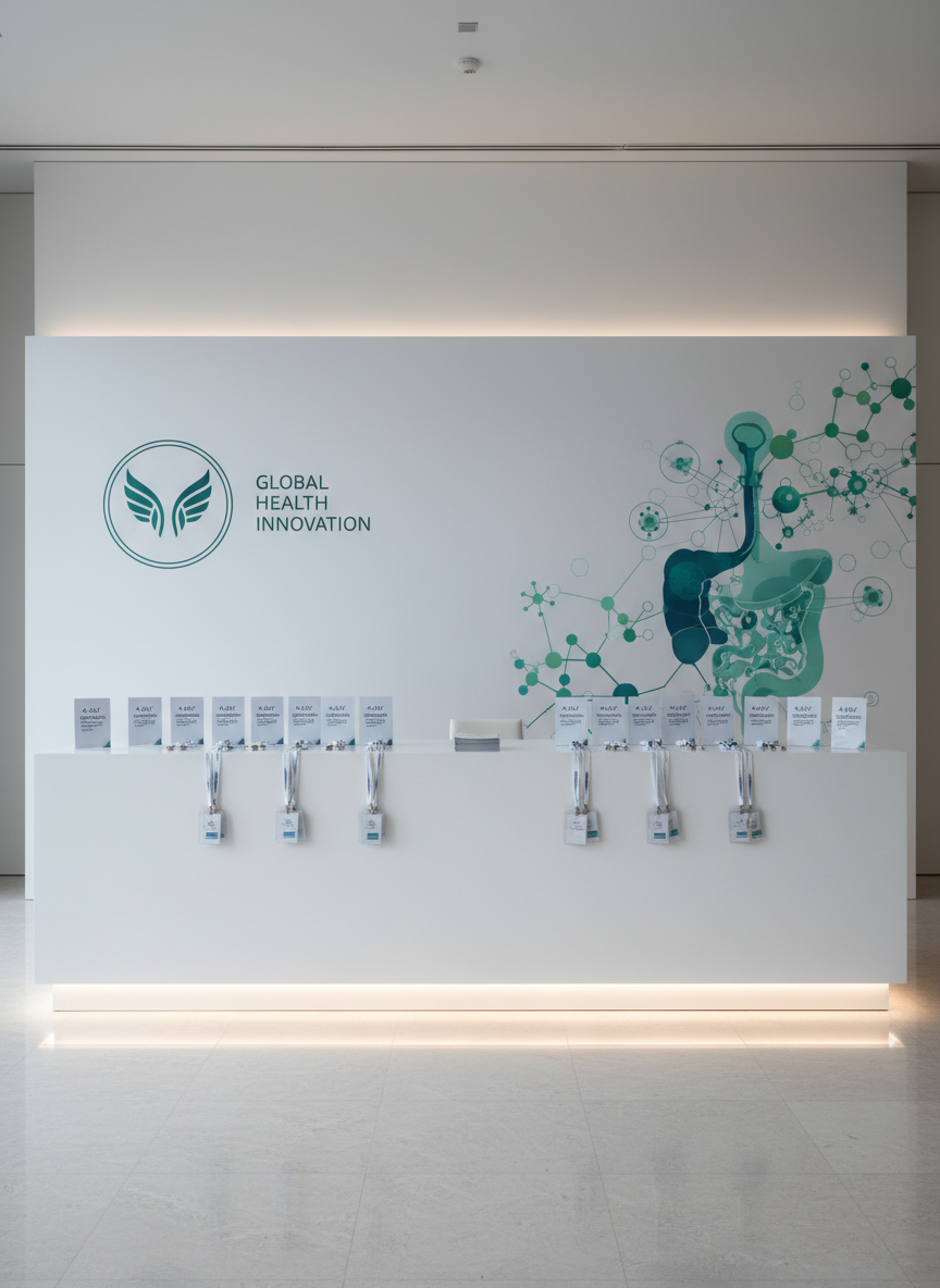 A minimalist registration and information area for a high-end medical conference, featuring a long, white matte reception counter with subtle underlighting and neatly arranged acrylic badge holders, lanyards, and printed programs for a 4-day functional medicine event. Behind the counter, a tall backdrop wall shows a refined conference logo and a stylized illustration of interconnected organs and molecular structures in cool blues and greens. Soft, even indoor lighting creates gentle reflections on the polished stone floor. Captured at eye level with a clean, symmetrical composition and photographic realism, the mood is organized, professional, and welcoming, clearly signaling an international scientific event while remaining free of people.