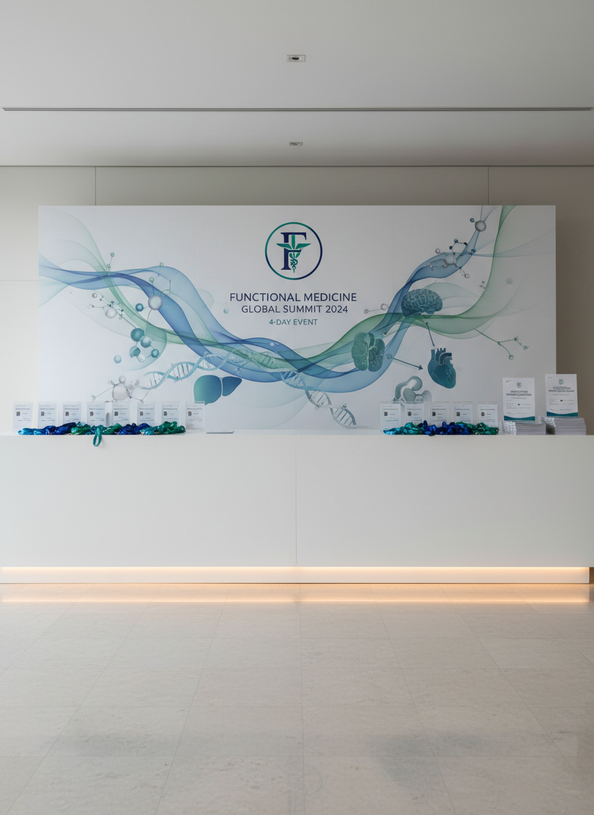 A minimalist registration and information area for a high-end medical conference, featuring a long, white matte reception counter with subtle underlighting and neatly arranged acrylic badge holders, lanyards, and printed programs for a 4-day functional medicine event. Behind the counter, a tall backdrop wall shows a refined conference logo and a stylized illustration of interconnected organs and molecular structures in cool blues and greens. Soft, even indoor lighting creates gentle reflections on the polished stone floor. Captured at eye level with a clean, symmetrical composition and photographic realism, the mood is organized, professional, and welcoming, clearly signaling an international scientific event while remaining free of people.