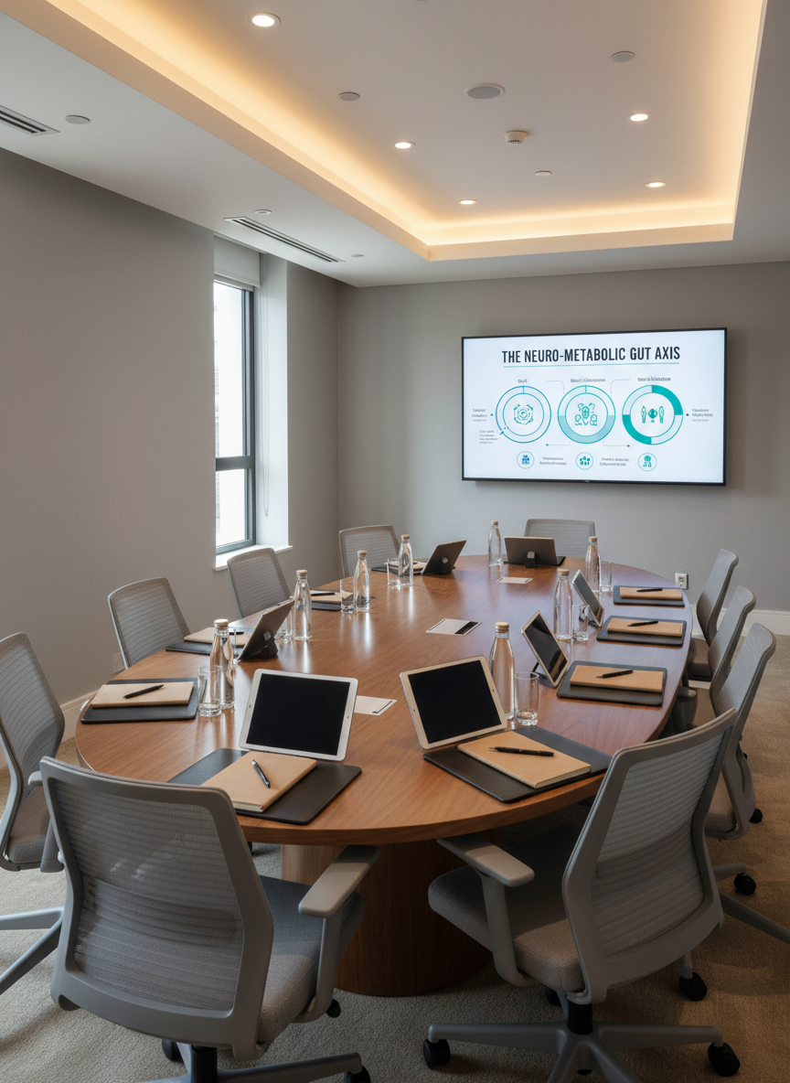 An elegantly arranged conference breakout room prepared for a functional medicine workshop, featuring a large, oval wooden table surrounded by unoccupied ergonomic chairs, each place set with a tablet, a leather-bound notebook, a fine-tip pen, and a glass water bottle. At the far end, a wall-mounted screen displays a detailed infographic combining gut health, neurology, and metabolic pathways in a harmonious blue-and-emerald palette. Soft, indirect ceiling lighting and a strip of natural daylight from a side window create a balanced, focused illumination. Captured from a slightly elevated corner perspective in photographic realism, with moderate depth of field, the atmosphere is intellectual, collaborative, and quietly energetic, ideal for interdisciplinary discussion—without any human presence.